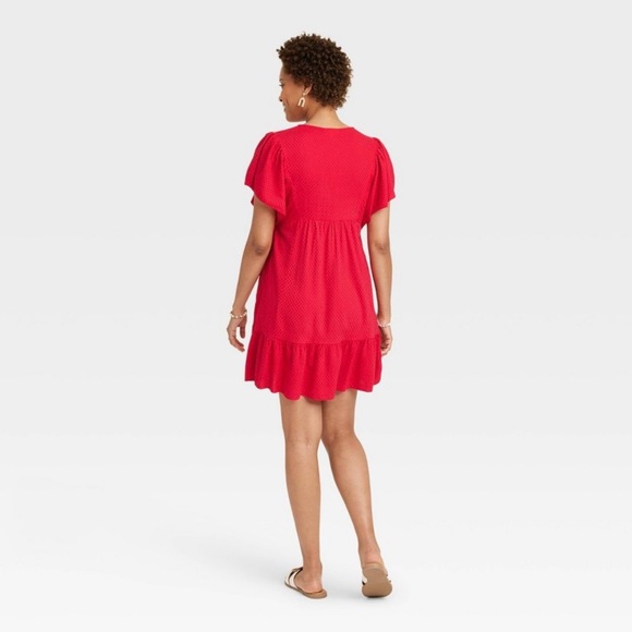 Ruffle Short Sleeve A-Line Dress - Knox Rose Red S Neck V - Picture 4 of 8